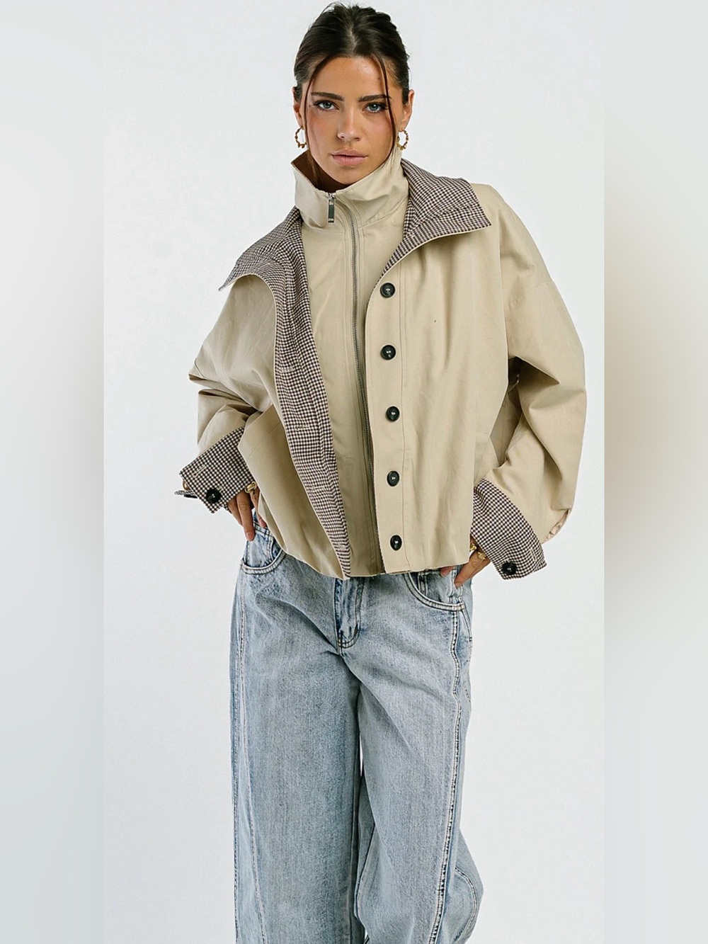 Funnel Neck jacket with Plaid accents